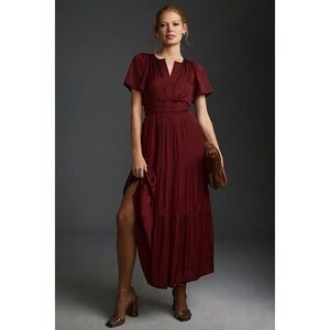 Anthropologie The Somerset Maxi Dress Satin XL Wine A-Line Tiered Smocked NWT